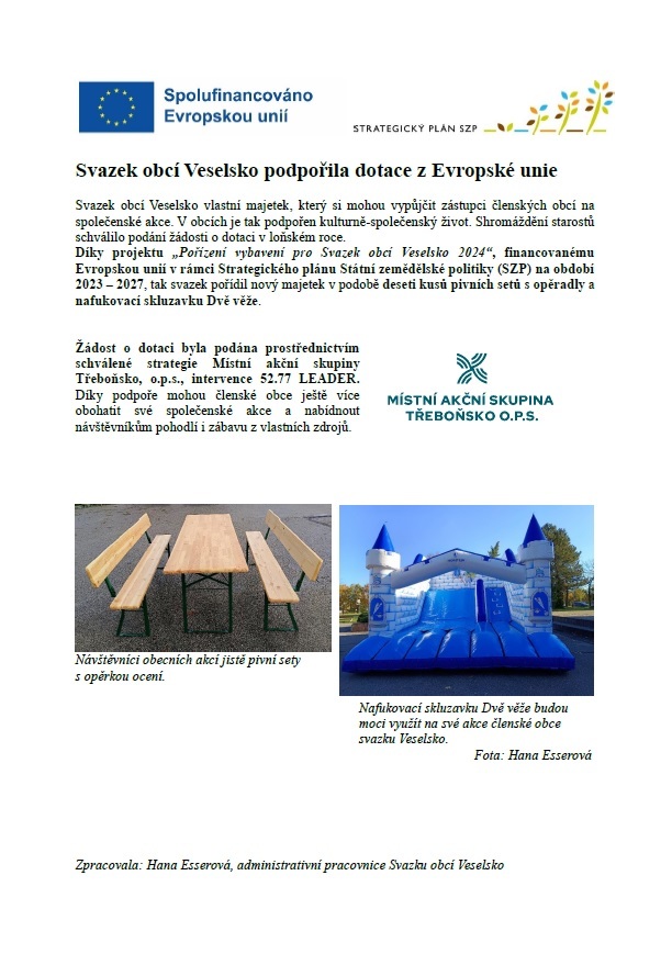 Svazek obcí Veselsko podpořila dotace z Evropské unie